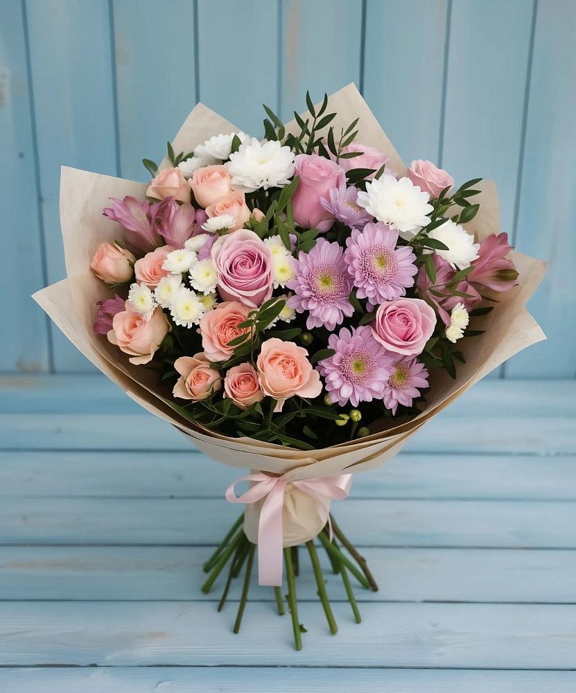 Букет цветов из: Хризантемы, Розы и Альстромерии в Михалево