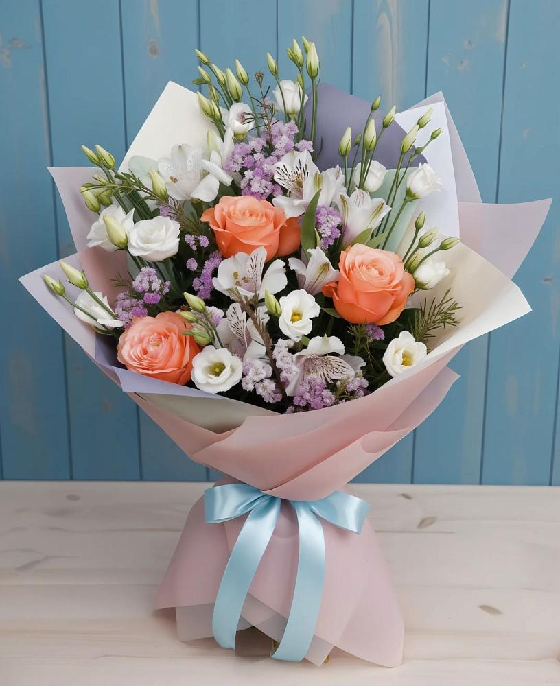 Букет цветов из: Лизиантусы, Розы, Альстромерии и Гипсофила в Михалево