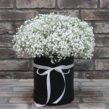 Цветочная композиция из Гипсофила в шляпной коробке в Михалево