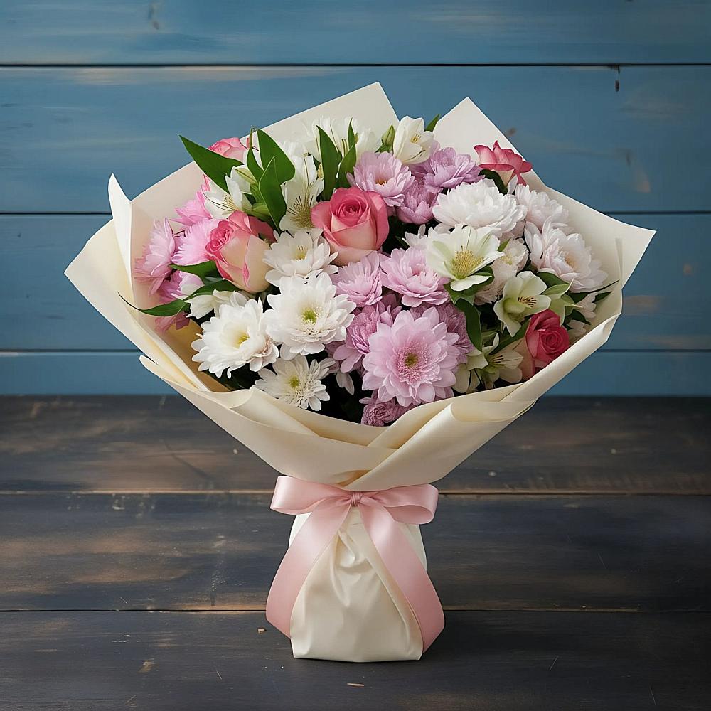 Букет цветов из: Хризантемы, Альстромерии и Розы в Михалево